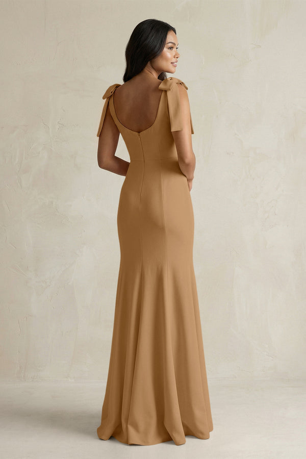 Square Neck Mermaid Bridesmaid Dress With Bow in Bronzer - KissProm Bridesmaid Dresses
