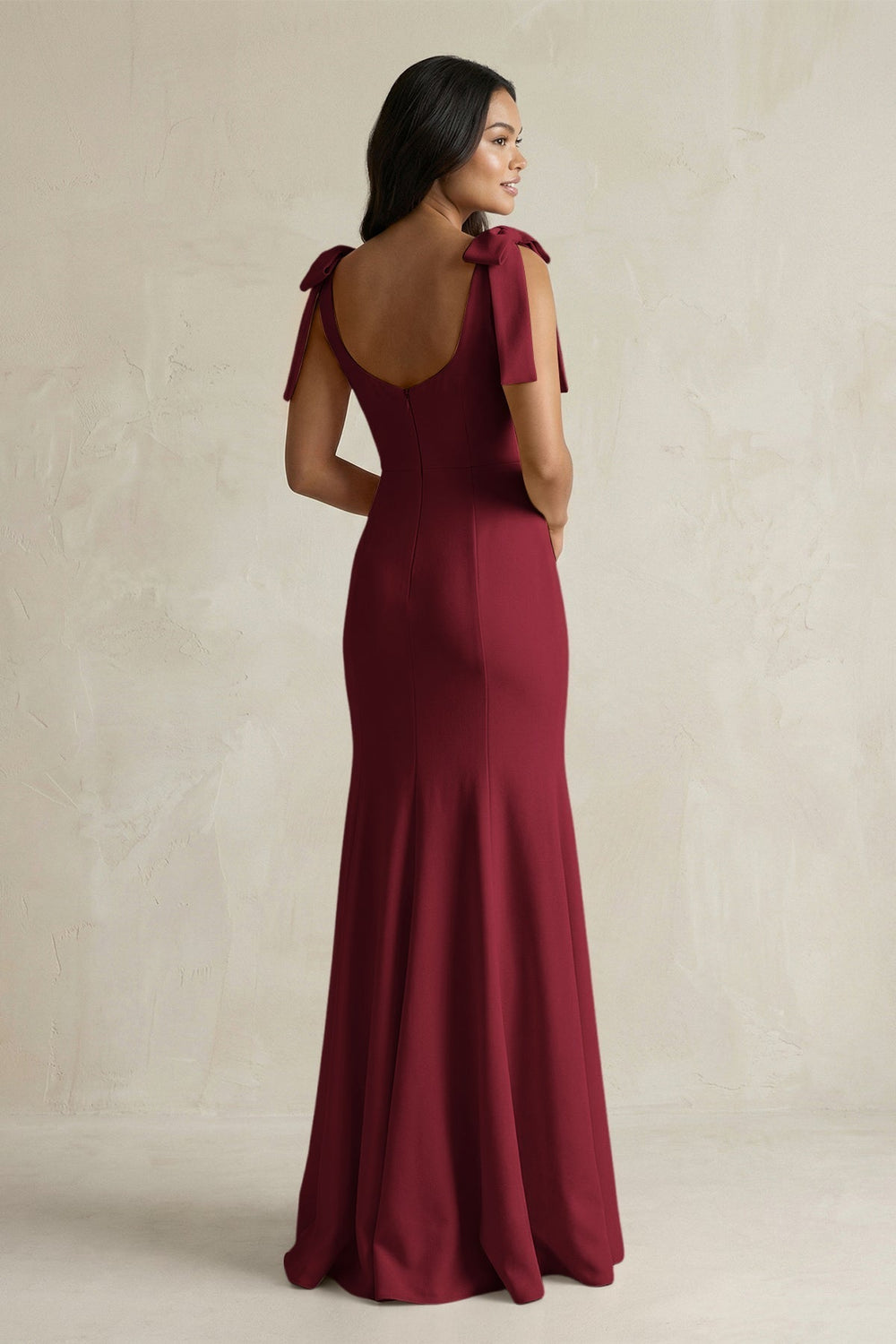 Square Neck Mermaid Bridesmaid Dress With Bow in Burgundy - KissProm Bridesmaid Dresses