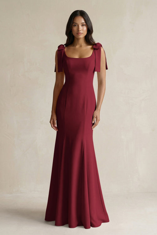 Square Neck Mermaid Bridesmaid Dress With Bow in Burgundy - KissProm Bridesmaid Dresses