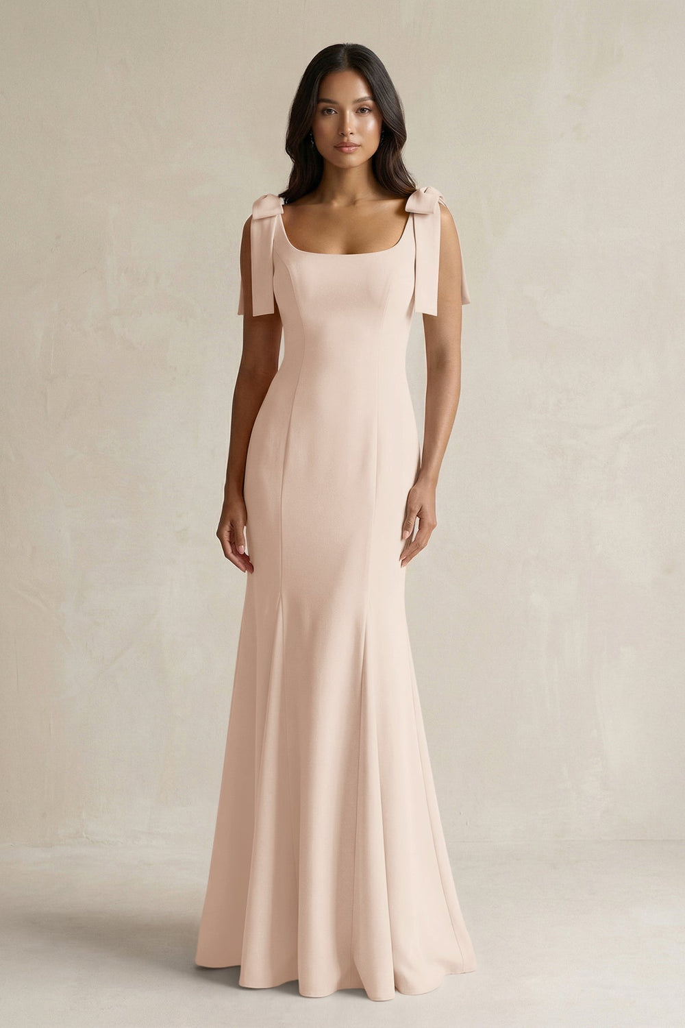 Square Neck Mermaid Bridesmaid Dress With Bow in Buttercream - KissProm Bridesmaid Dresses