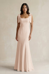 Square Neck Mermaid Bridesmaid Dress With Bow in Buttercream - KissProm Bridesmaid Dresses