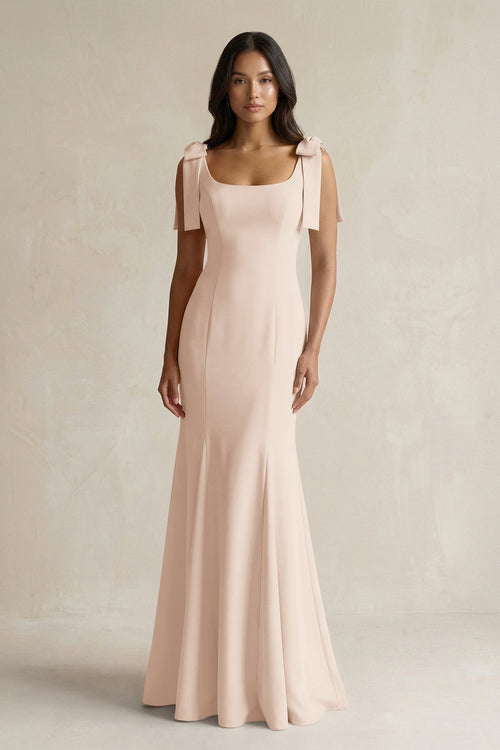 Square Neck Mermaid Bridesmaid Dress With Bow in Buttercream - KissProm Bridesmaid Dresses
