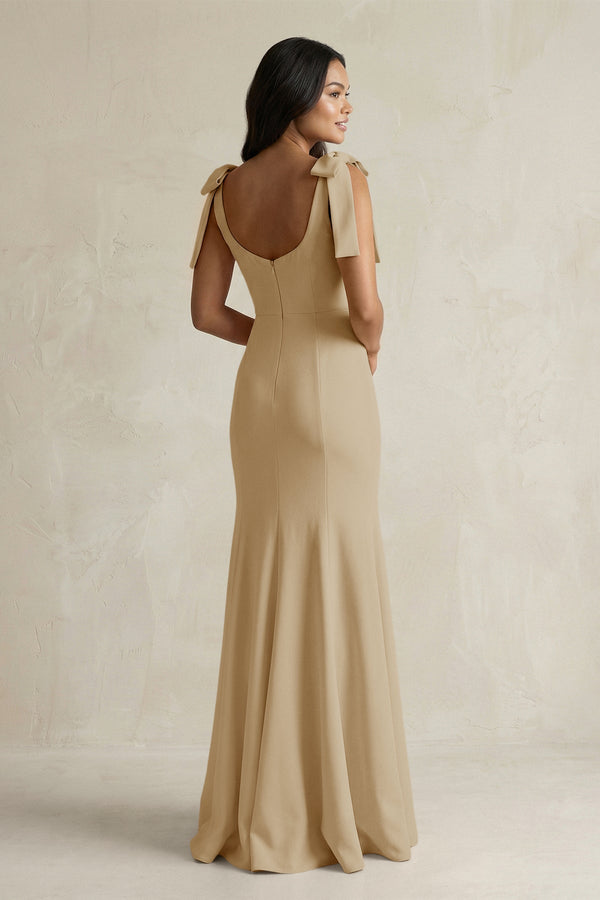 Square Neck Mermaid Bridesmaid Dress With Bow in Champagne - KissProm Bridesmaid Dresses