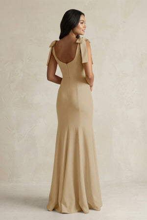 Square Neck Mermaid Bridesmaid Dress With Bow in Champagne - KissProm Bridesmaid Dresses