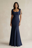 Square Neck Mermaid Bridesmaid Dress With Bow in Dark Navy - KissProm Bridesmaid Dresses