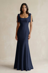 Square Neck Mermaid Bridesmaid Dress With Bow in Dark Navy - KissProm Bridesmaid Dresses