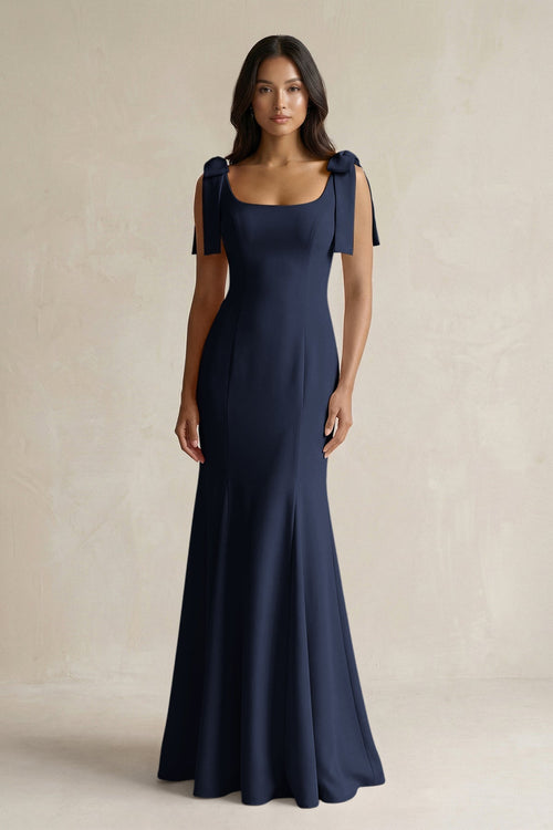 Square Neck Mermaid Bridesmaid Dress With Bow in Dark Navy - KissProm Bridesmaid Dresses