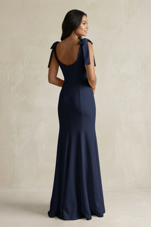 Square Neck Mermaid Bridesmaid Dress With Bow in Dark Navy - KissProm Bridesmaid Dresses