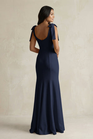 Square Neck Mermaid Bridesmaid Dress With Bow in Dark Navy - KissProm Bridesmaid Dresses