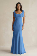Square Neck Mermaid Bridesmaid Dress With Bow in Dusty Blue - KissProm Bridesmaid Dresses