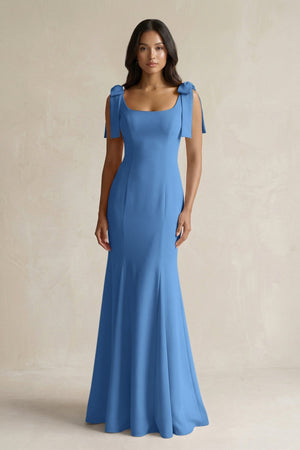 Square Neck Mermaid Bridesmaid Dress With Bow in Dusty Blue - KissProm Bridesmaid Dresses