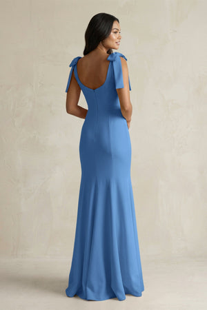 Square Neck Mermaid Bridesmaid Dress With Bow in Dusty Blue - KissProm Bridesmaid Dresses