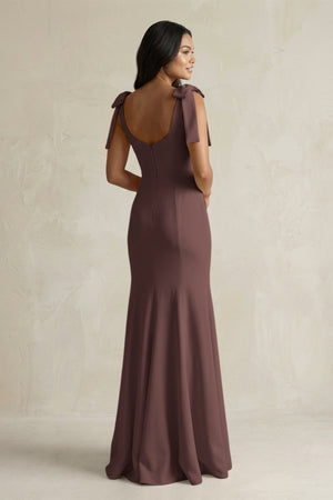 Square Neck Mermaid Bridesmaid Dress With Bow in Espresso - KissProm Bridesmaid Dresses