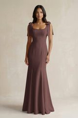 Square Neck Mermaid Bridesmaid Dress With Bow in Espresso - KissProm Bridesmaid Dresses