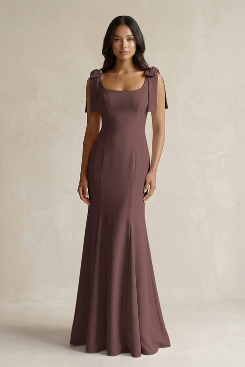 Square Neck Mermaid Bridesmaid Dress With Bow in Espresso - KissProm Bridesmaid Dresses