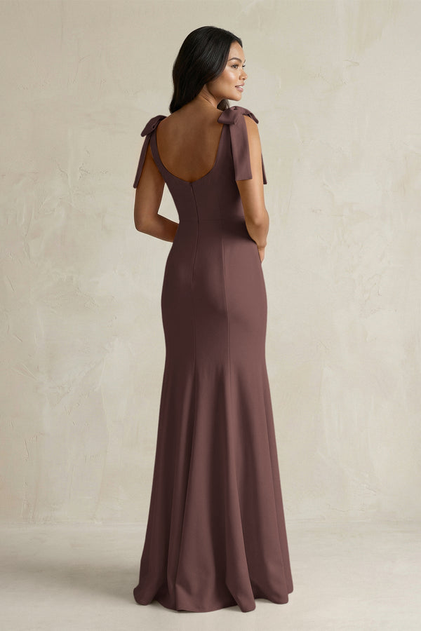 Square Neck Mermaid Bridesmaid Dress With Bow in Espresso - KissProm Bridesmaid Dresses