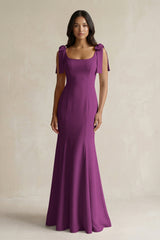 Square Neck Mermaid Bridesmaid Dress With Bow in Fig - KissProm Bridesmaid Dresses