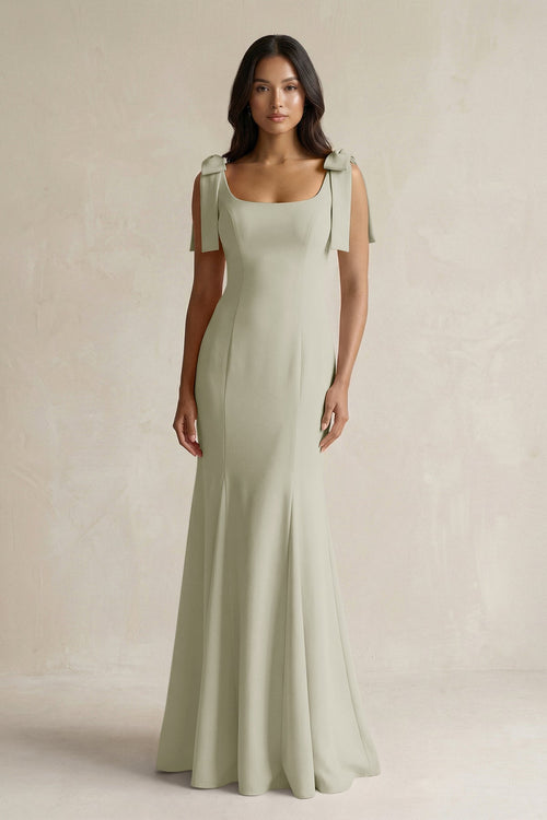 Square Neck Mermaid Bridesmaid Dress With Bow in Frost - KissProm Bridesmaid Dresses