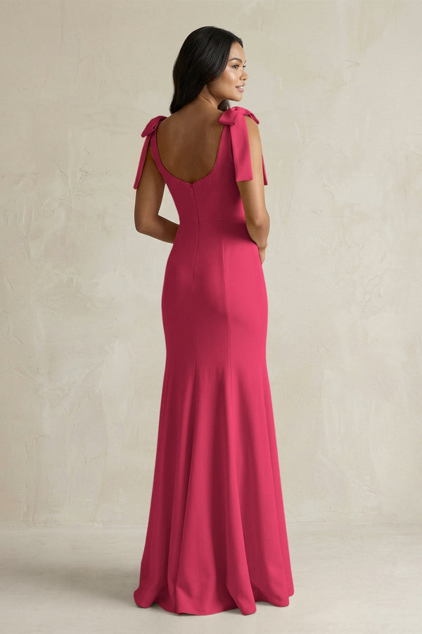 Square Neck Mermaid Bridesmaid Dress With Bow in Fuchsia - KissProm Bridesmaid Dresses