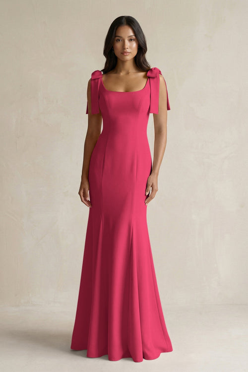 Square Neck Mermaid Bridesmaid Dress With Bow in Fuchsia - KissProm Bridesmaid Dresses