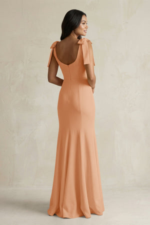 Square Neck Mermaid Bridesmaid Dress With Bow in Golden Champagne - KissProm Bridesmaid Dresses