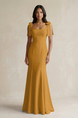 Square Neck Mermaid Bridesmaid Dress With Bow in Marigold - KissProm Bridesmaid Dresses