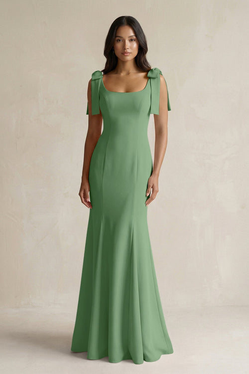 Square Neck Mermaid Bridesmaid Dress With Bow in Matcha - KissProm Bridesmaid Dresses