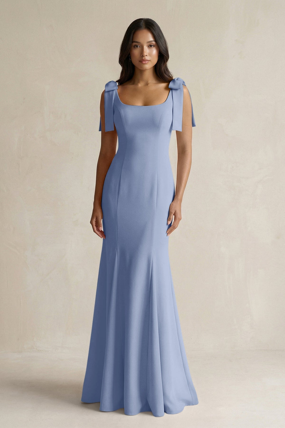 Square Neck Mermaid Bridesmaid Dress With Bow in Mist - KissProm Bridesmaid Dresses