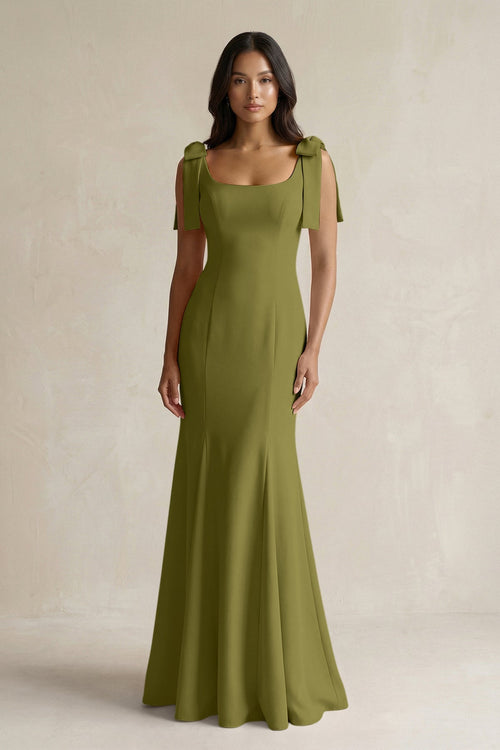 Square Neck Mermaid Bridesmaid Dress With Bow in Moss Green - KissProm Bridesmaid Dresses