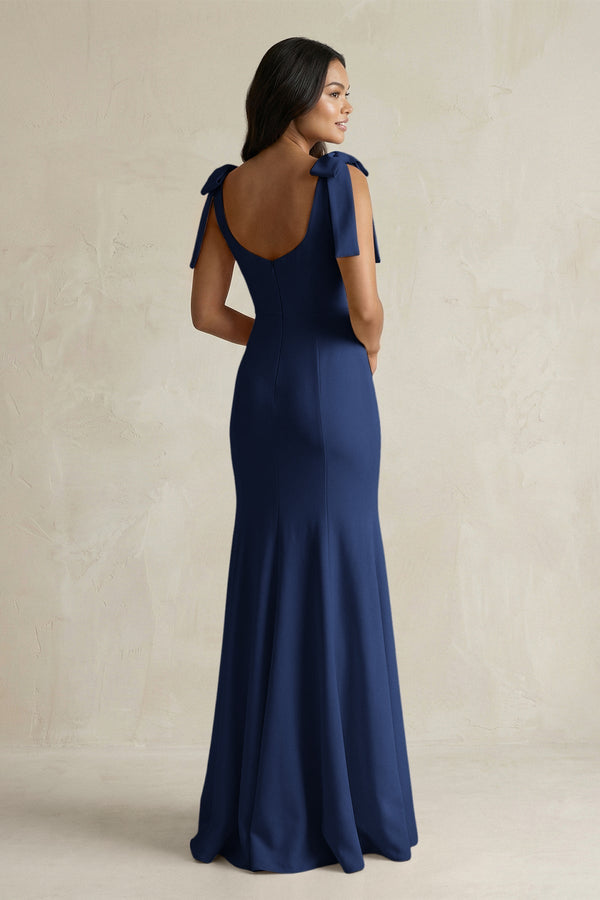 Square Neck Mermaid Bridesmaid Dress With Bow in Navy - KissProm Bridesmaid Dresses