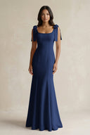 Square Neck Mermaid Bridesmaid Dress With Bow in Navy - KissProm Bridesmaid Dresses