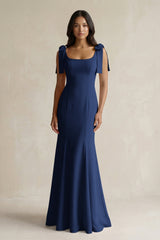 Square Neck Mermaid Bridesmaid Dress With Bow in Navy - KissProm Bridesmaid Dresses