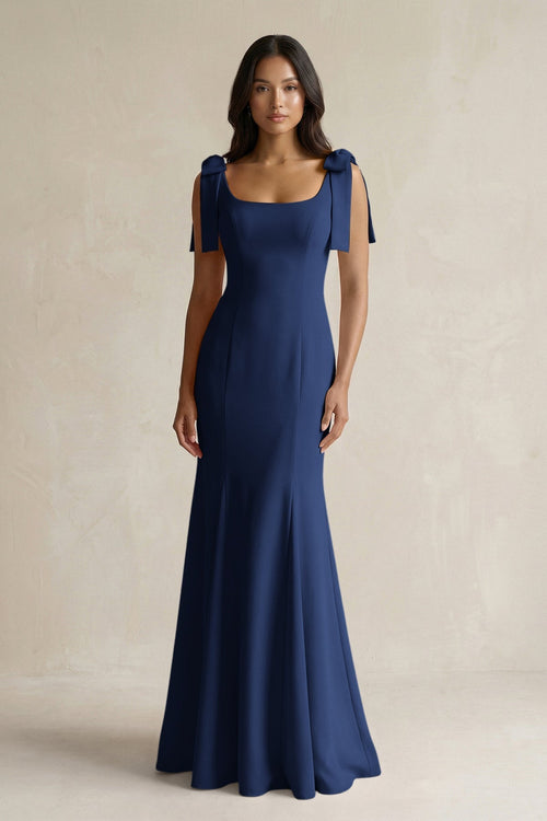Square Neck Mermaid Bridesmaid Dress With Bow in Navy - KissProm Bridesmaid Dresses