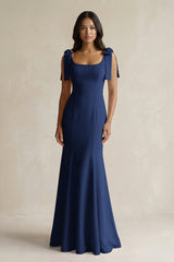 Square Neck Mermaid Bridesmaid Dress With Bow in Navy - KissProm Bridesmaid Dresses