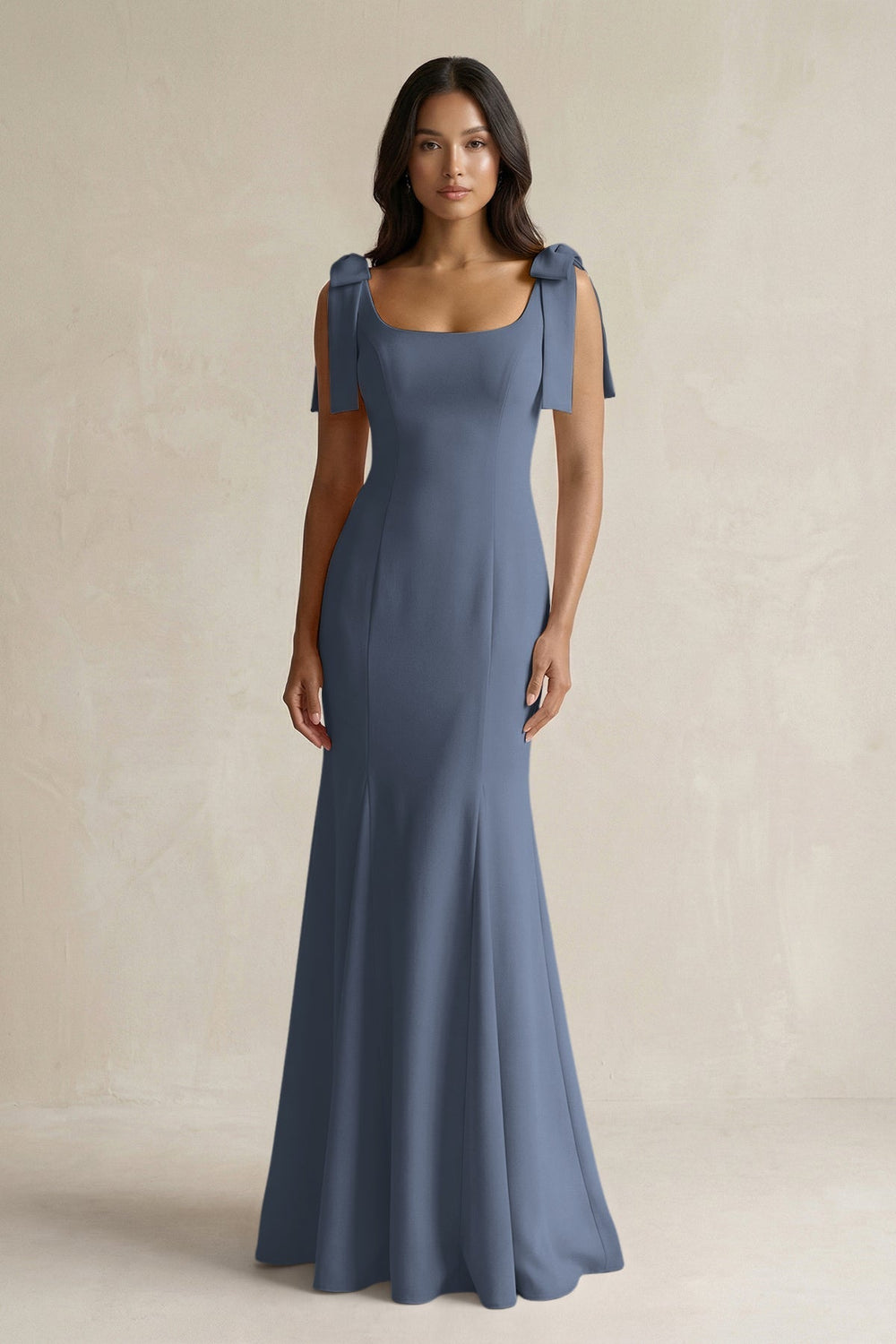 Square Neck Mermaid Bridesmaid Dress With Bow in Neptune - KissProm Bridesmaid Dresses
