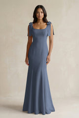 Square Neck Mermaid Bridesmaid Dress With Bow in Neptune - KissProm Bridesmaid Dresses