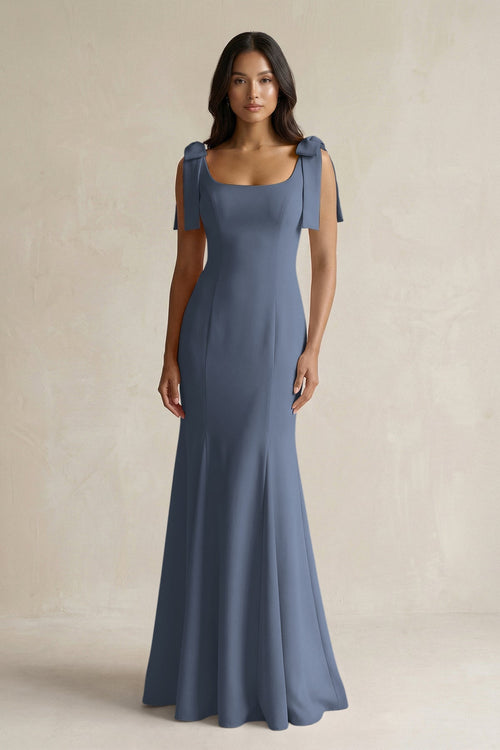 Square Neck Mermaid Bridesmaid Dress With Bow in Neptune - KissProm Bridesmaid Dresses