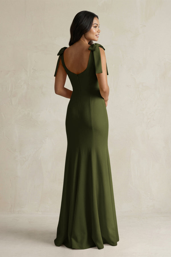 Square Neck Mermaid Bridesmaid Dress With Bow in Olive - KissProm Bridesmaid Dresses