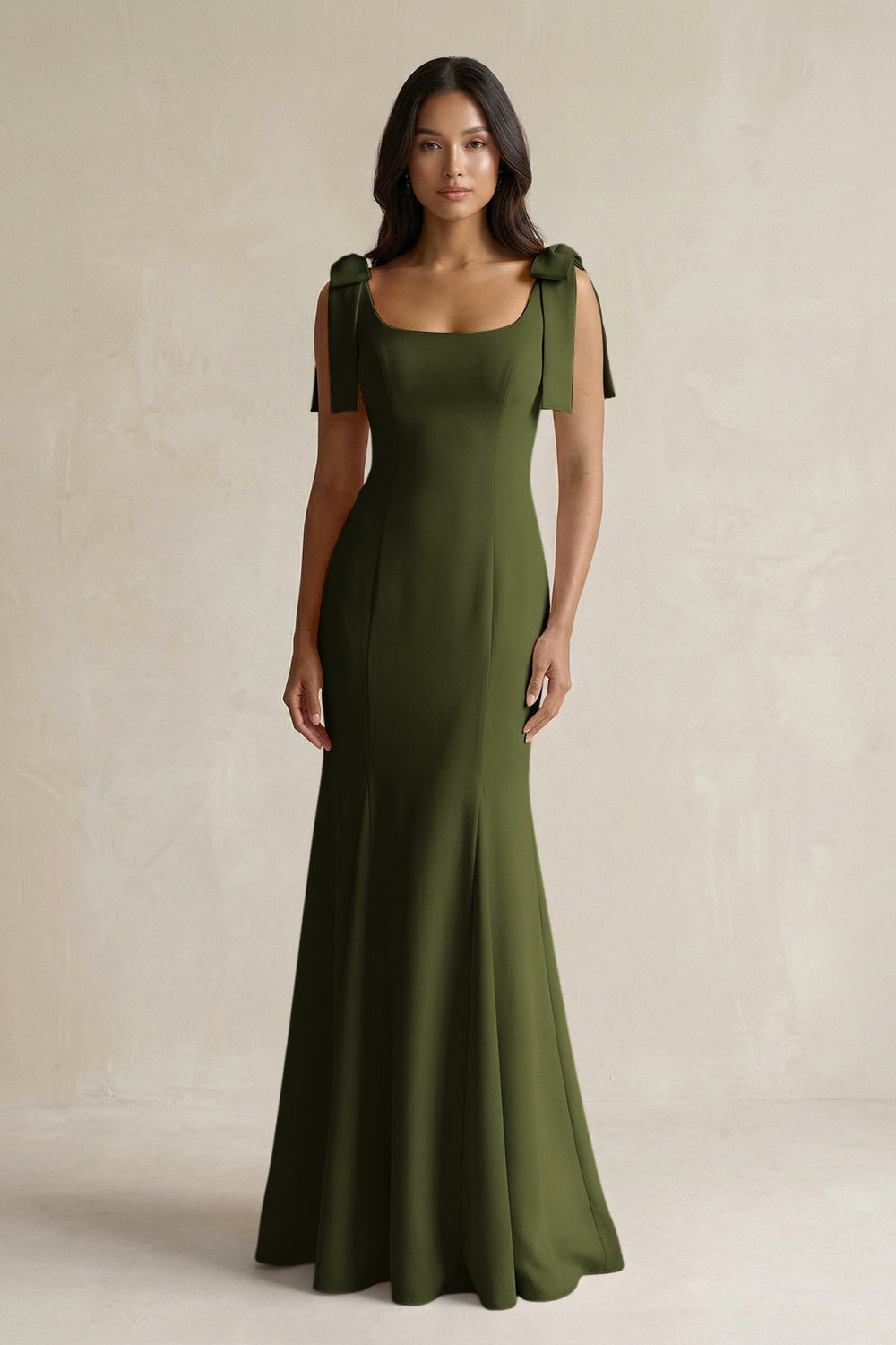 Square Neck Mermaid Bridesmaid Dress With Bow in Olive - KissProm Bridesmaid Dresses