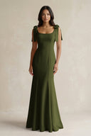Square Neck Mermaid Bridesmaid Dress With Bow in Olive - KissProm Bridesmaid Dresses