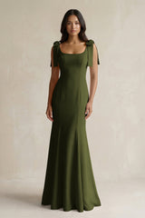 Square Neck Mermaid Bridesmaid Dress With Bow in Olive - KissProm Bridesmaid Dresses