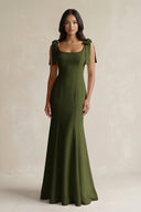 Square Neck Mermaid Bridesmaid Dress With Bow in Olive - KissProm Bridesmaid Dresses