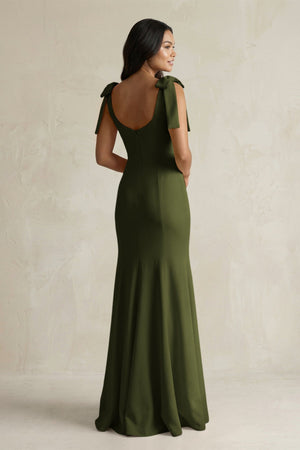 Square Neck Mermaid Bridesmaid Dress With Bow in Olive - KissProm Bridesmaid Dresses