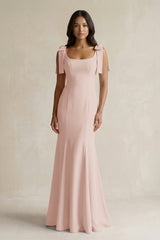 Square Neck Mermaid Bridesmaid Dress With Bow in Pale Blush - KissProm Bridesmaid Dresses