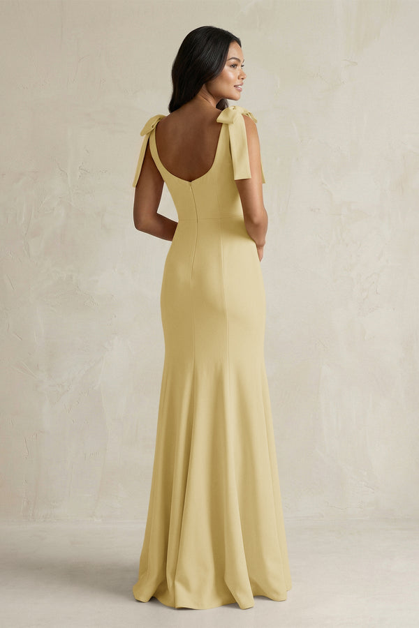Square Neck Mermaid Bridesmaid Dress With Bow in Pastel Yellow - KissProm Bridesmaid Dresses
