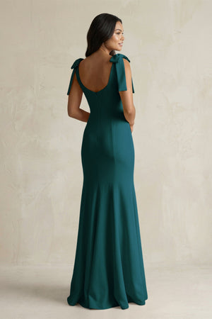 Square Neck Mermaid Bridesmaid Dress With Bow in Pine - KissProm Bridesmaid Dresses