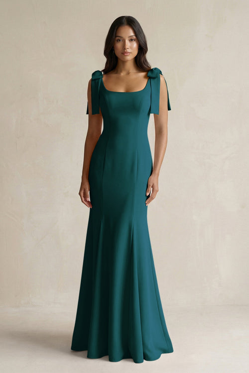 Square Neck Mermaid Bridesmaid Dress With Bow in Pine - KissProm Bridesmaid Dresses