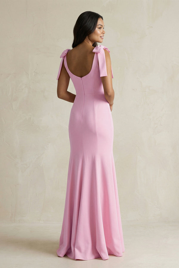 Square Neck Mermaid Bridesmaid Dress With Bow in Pink - KissProm Bridesmaid Dresses