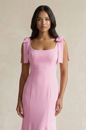 Square Neck Mermaid Bridesmaid Dress With Bow in Pink - KissProm Bridesmaid Dresses