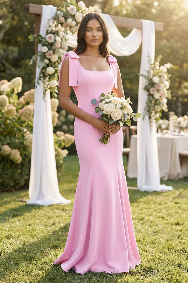 Square Neck Mermaid Bridesmaid Dress With Bow in Pink - KissProm Bridesmaid Dresses